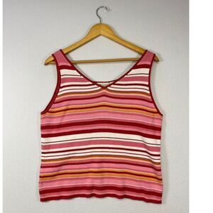 Y2K Retro Faded Glory Women XL Red Pink Striped Ribbed Knit Preppy Tank Top